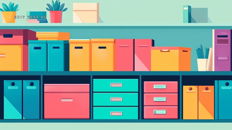 PSD scaffali di archiviazione organizzati per l'ufficio con scatole colorate, file e piante