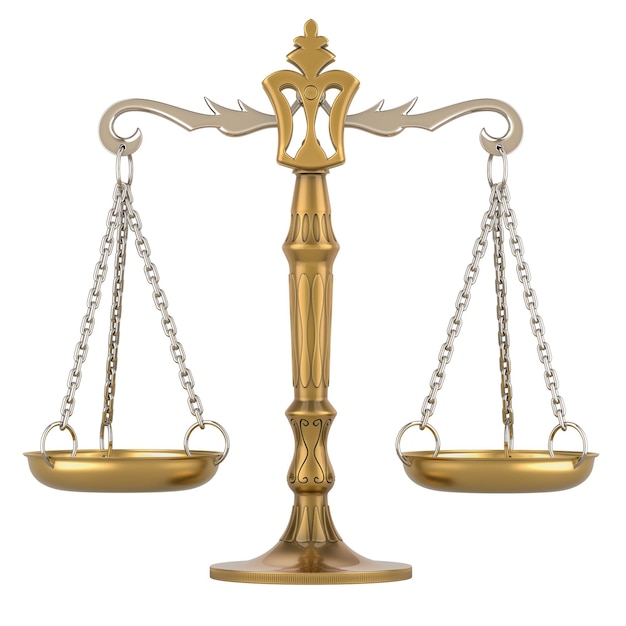 Scales of Justice 3D-Rendering vorne gesehen, isoliert auf transparentem Hintergrund