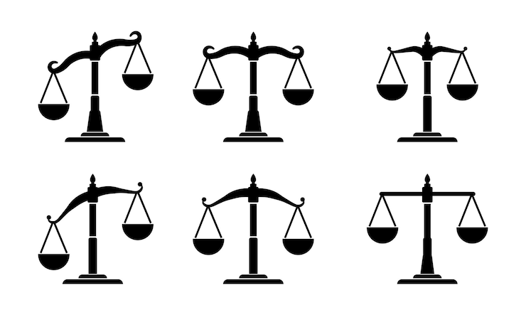 PSD scales of justice silhouette icon set balance symbols isolated on transparent background