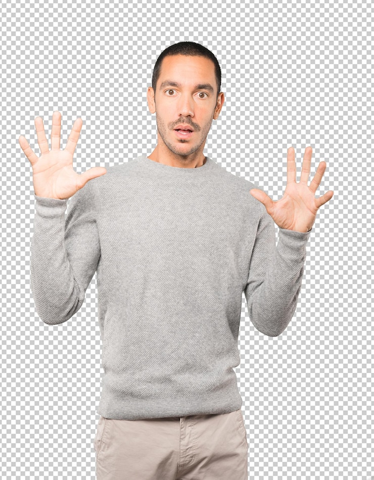 PSD scared young man screaming against background