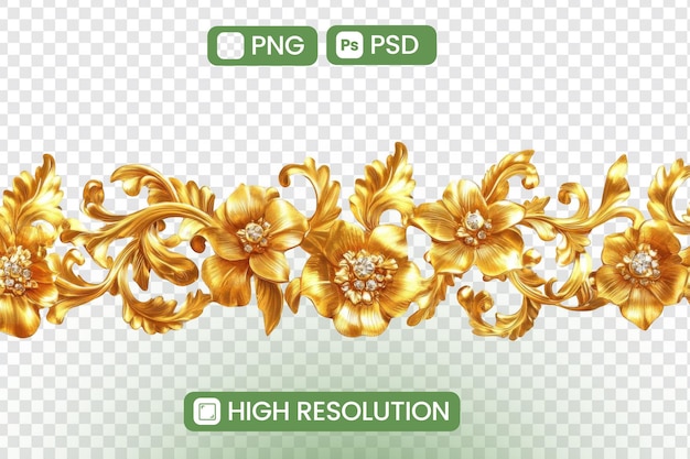 Scarica ornamenti floreali d'oro ad alta risoluzione PNG PSD modello senza cuciture per progetti di design perfetto per lussuosi temi di decorazione eleganti e vintage aggiungendo un tocco di opulenza ai tuoi sforzi creativi