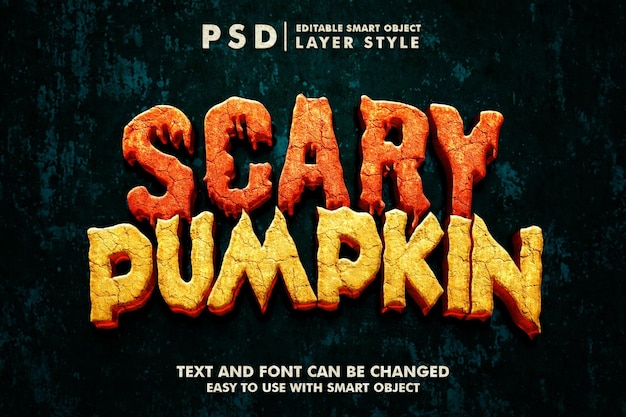 Scary pumpkin 3d realisitc efeito de texto psd premium com objeto inteligente