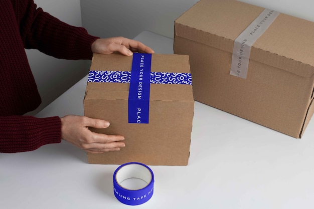 Scatola di cartone con design mock-up del nastro sigillante
