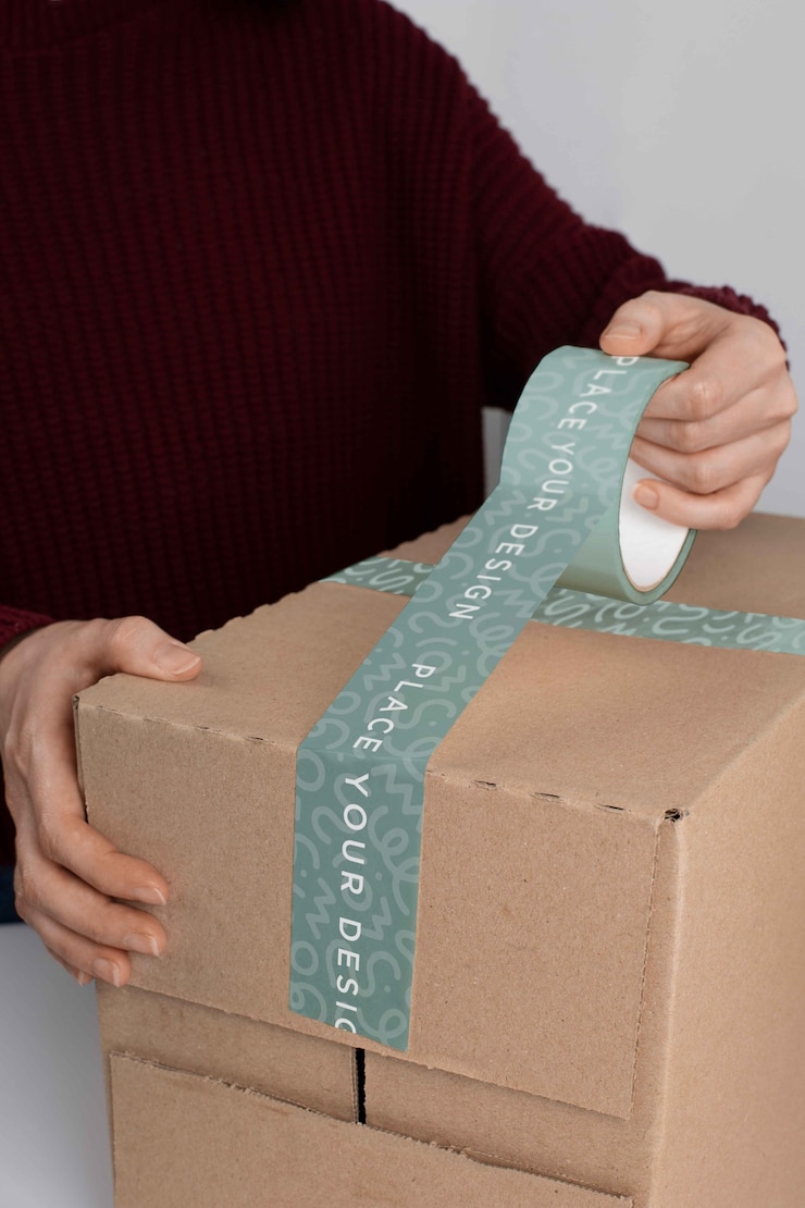 PSD scatola di cartone con design mock-up del nastro sigillante