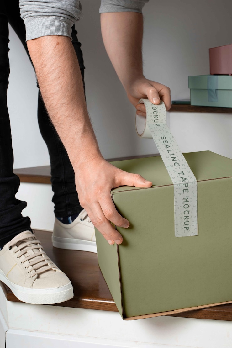 PSD scatola di cartone con design mock-up del nastro sigillante
