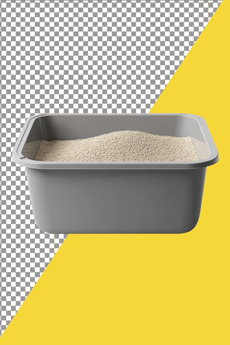 Scatola di lettiera grigia con sabbia sul pavimento del bagno Pratica e pulita ideale per gli animali domestici Isolo iperrealistico