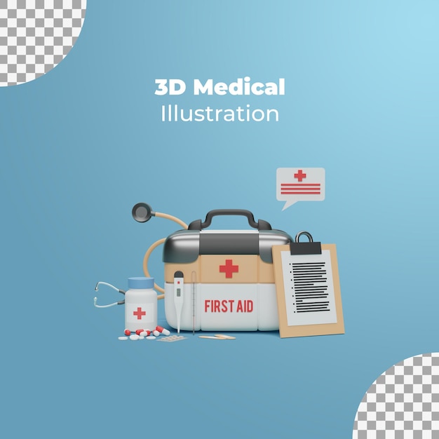 Scatola e attrezzatura medica realistica per il rendering 3d