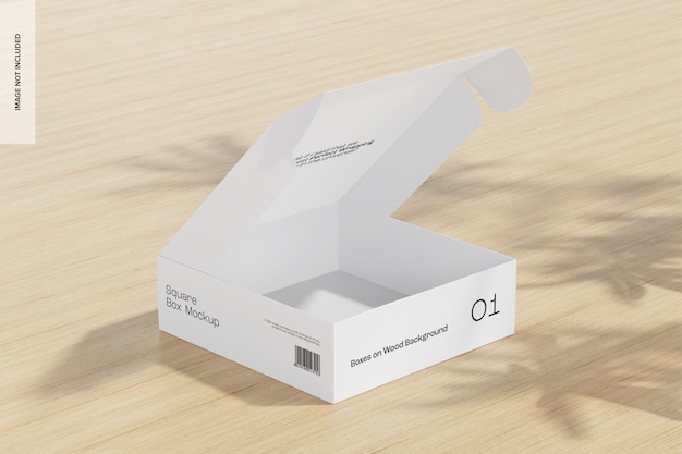 Scatola quadrata su sfondo di legno Mockup, prospettiva