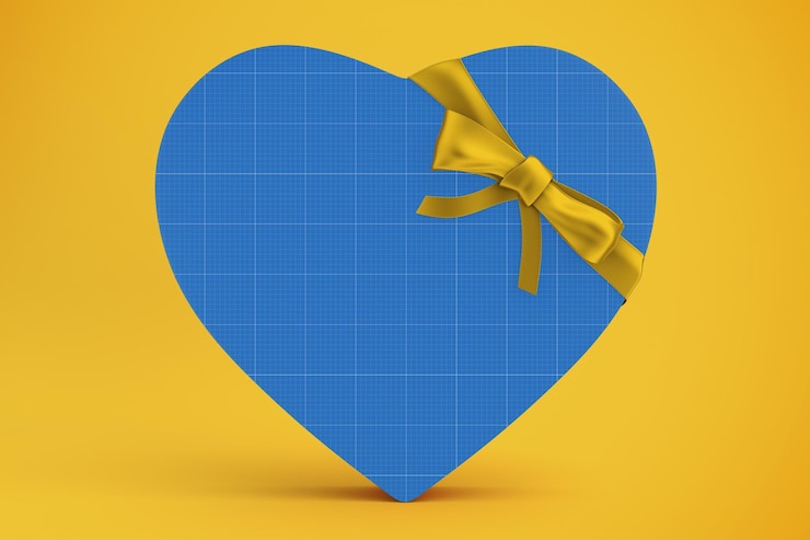 PSD scatola regalo a forma di cuore blu con un nastro d'oro su uno sfondo giallo