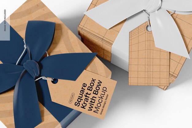 Scatole Kraft quadrate con bow mockup da vicino