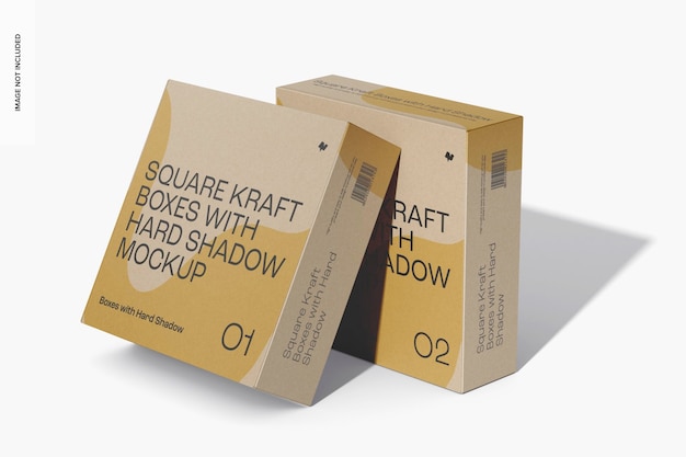 Scatole quadrate Kraft con mockup di ombre dure, vista da destra