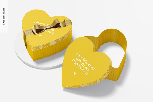 Scatole regalo a forma di cuore con mockup di nastro di carta, aperte e chiuse