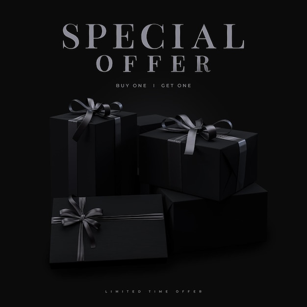 Scatole regalo nere 3d realistiche con sfondo nero