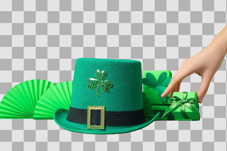 PSD scatole regalo verdi per il giorno di patrizio, cappello origami e mano isolata su sfondo bianco png