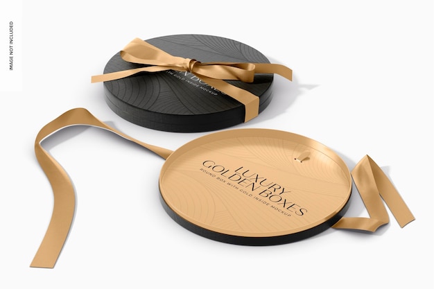 Scatole rotonde di lusso con mockup all'interno dell'oro, veduta dall'alto