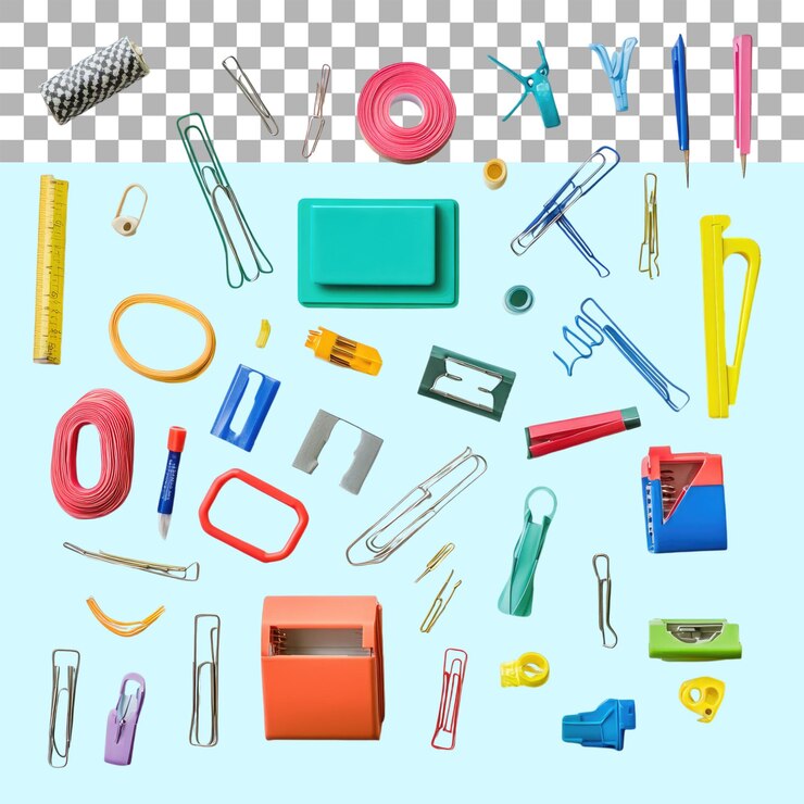 PSD scattered school office supplies step on isolated transparent png background