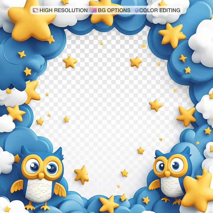 PSD scena de desenho animado caprichosa com estrelas, nuvens e corujas