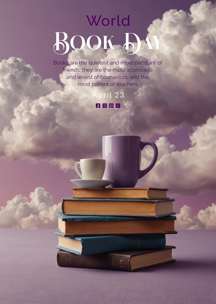 PSD scena del concetto della giornata mondiale del libro di una pila di libri con una tazza di caffè e nuvole su uno sfondo viola chiaro
