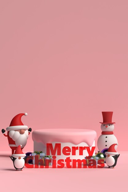 Scena del podio di Natale con confezione regalo e pinguino in rendering 3d