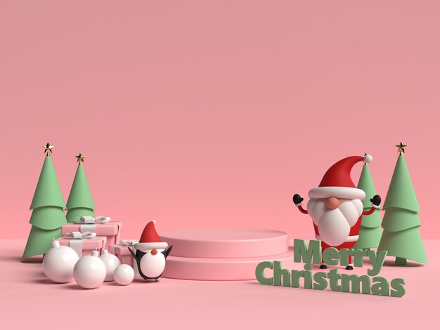 Scena del podio di Natale con confezione regalo e pinguino in rendering 3d