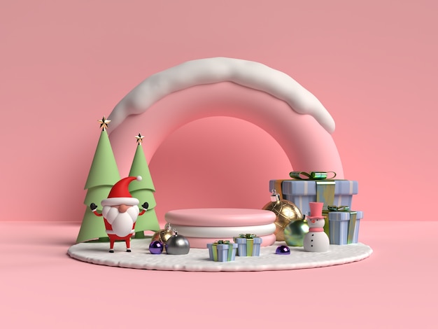 Scena del podio di Natale con rendering 3d di Babbo Natale