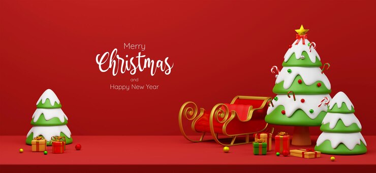 Scena della cartolina dell'insegna di Natale dell'albero di Natale con la slitta e regali, illustrazione 3d