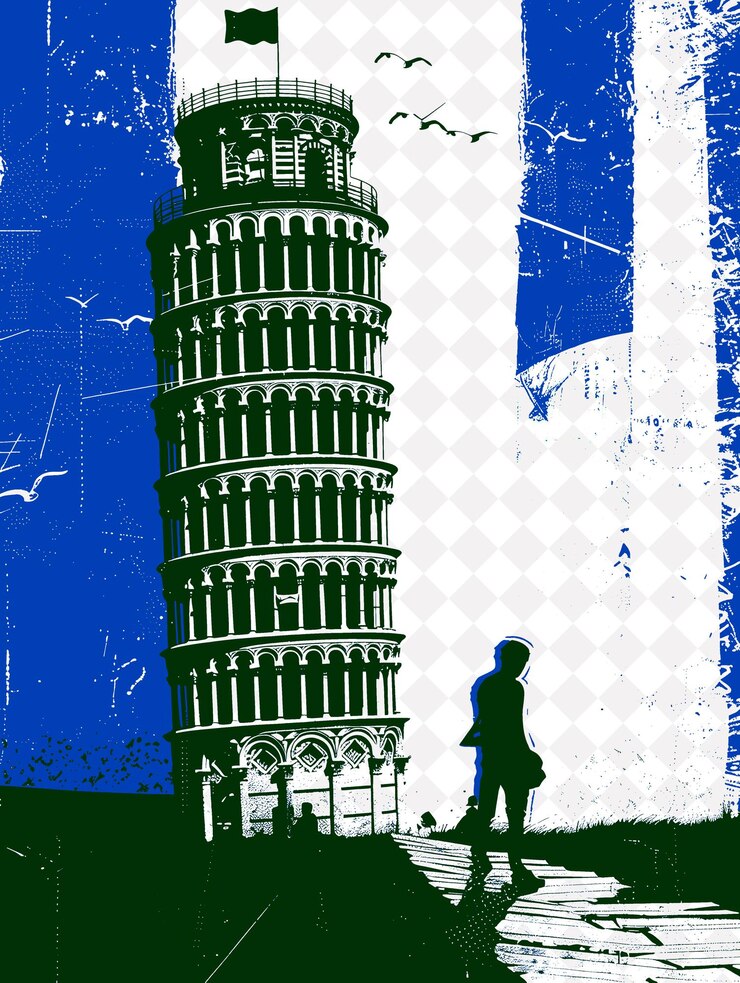 PSD scena della torre inclinata di pisa con persone che cercano di tenere i italia cultura illustration design