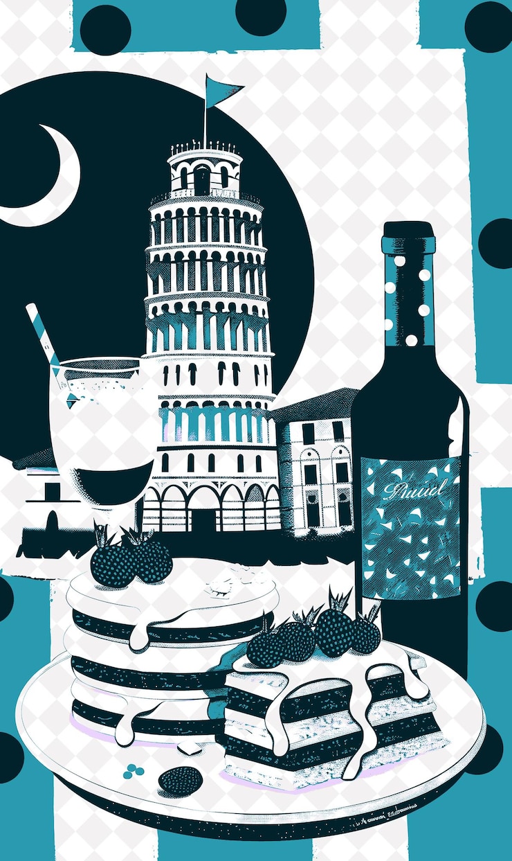 PSD scena di pisa con la torre inclinata con dessert tiramisu e cultura italiana disegno illustrativo