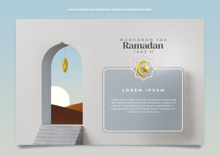 SCENA DI RENDER 3D DEL MODELLO SEMPLICE DI SALUTI DI RAMADHAN