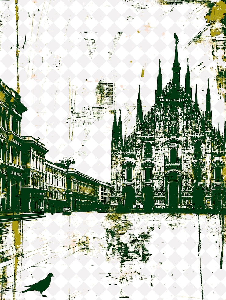 PSD scena do duomo em milão com a catedral e a piazza del d italia design de ilustração de cultura