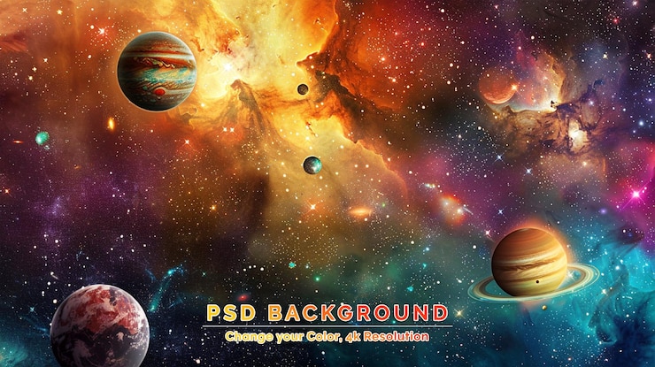 PSD scena espacial panorâmica com planetas, estrelas e galáxias modelo de bandeira