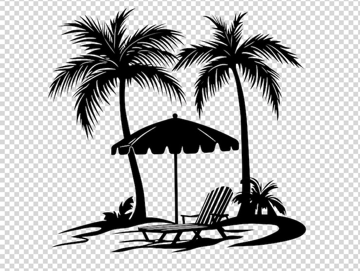 PSD scena rilassante sulla spiaggia con palme e ombrello