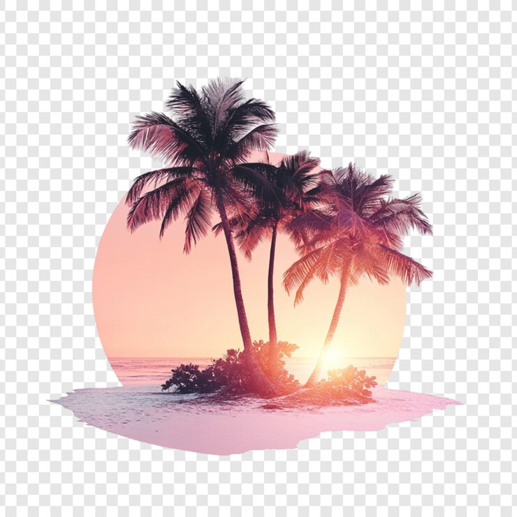 PSD scena serena del tramonto sulla spiaggia palme silhouette pacifico paradiso tropicale idilliaco sogno di vacanza