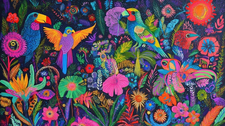 PSD scena tropicale vivace con uccelli e fiori colorati