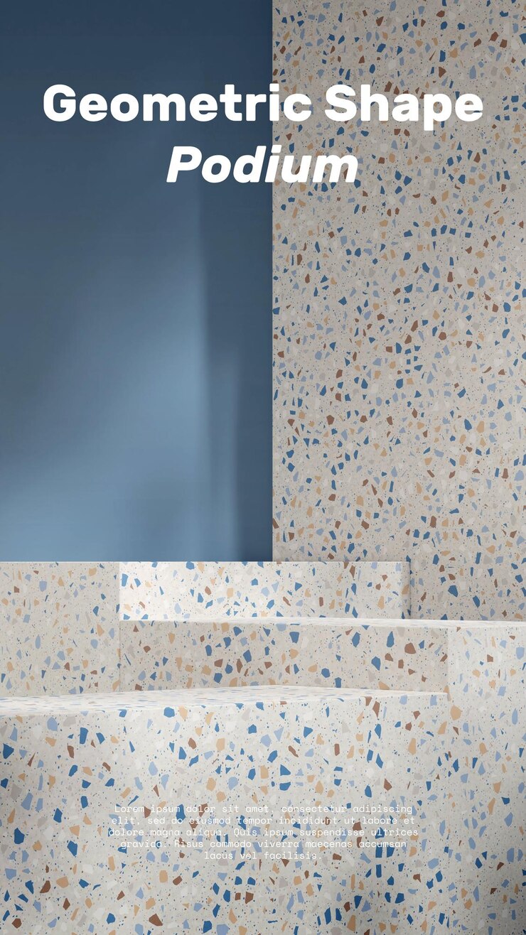 PSD scena vuota terrazzo in pietra bianca podio in verticale parete blu sfondo immagine di rendering 3d