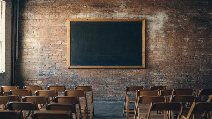 PSD scenario di classe con sedie vuote e lavagna