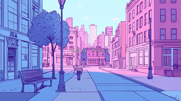 PSD scène calme de la rue de la ville avec des bâtiments pastels des arbres et des bancs