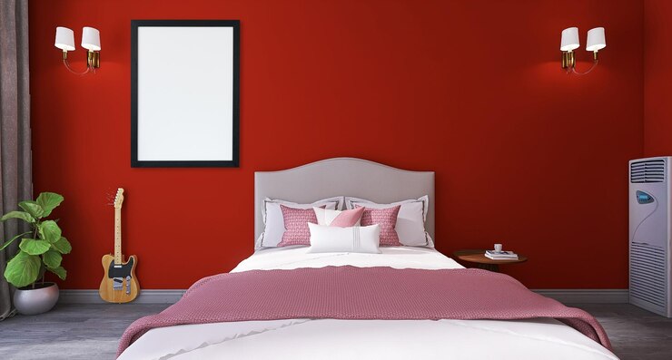 PSD scène de design d'intérieur de chambre à coucher moderne avec cadre photo vierge maquette lit fond rouge
