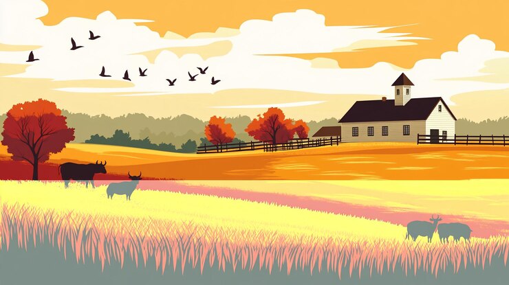 PSD scène de ferme d'automne avec des champs de maisons et du bétail sous un ciel de coucher de soleil
