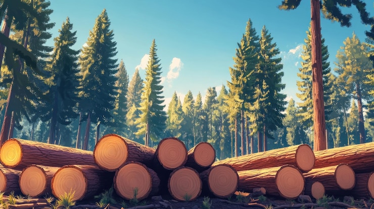 PSD scène forestière avec des bûches coupées et de hauts arbres