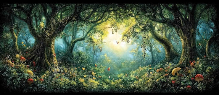 PSD une scène forestière magique avec des arbres, des champignons et des papillons menant à une lumière brillante au loin.