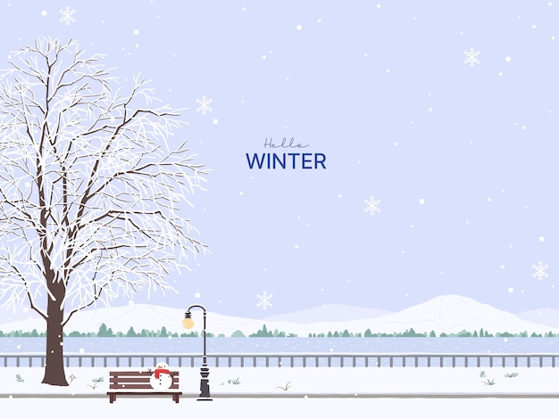 une scène d'hiver avec un arbre et un banc avec le mot hiver dessus