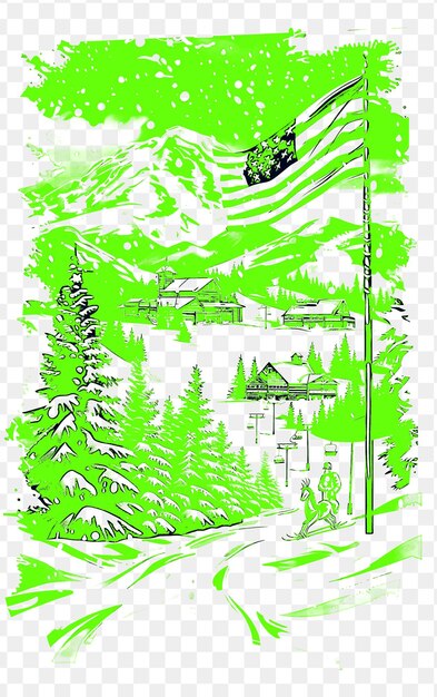PSD scène hivernale avec de la neige et une station de ski sculptures de glace et un tatouage de t-shirt de carte postale