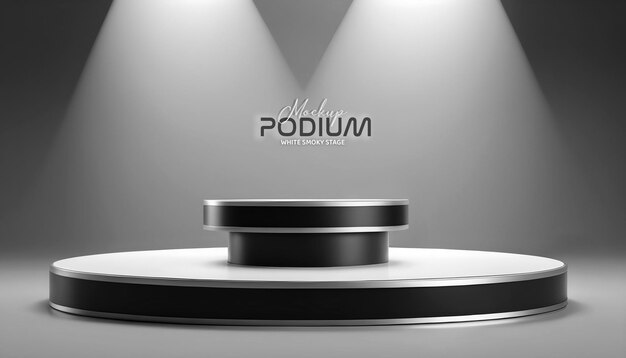 Scène de maquette de podium métallique ronde 3D réaliste en noir et blanc sur un fond gris géométrique moderne