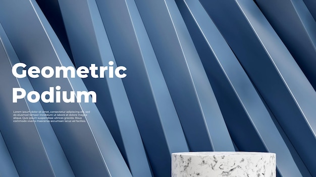 Scène de maquette de rendu 3d de forme géométrique bleue torsadée de podium de texture de marbre blanc dans le paysage