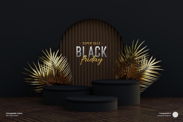 PSD scène de podium 3d du vendredi noir pour l'affichage du produit avec des feuilles de palmier dorées sur fond sombre