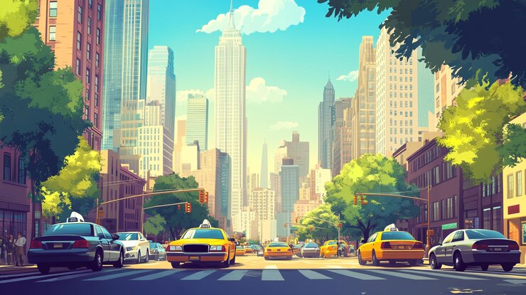 PSD une scène de rue ensoleillée avec des taxis jaunes, des gratte-ciel et des arbres verts.