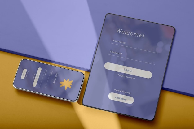 PSD scène avec smartphone et tablette dans l'ombre