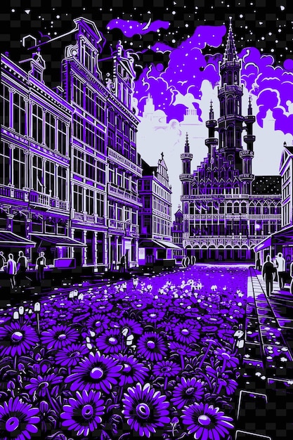 PSD une scène de la ville violette avec des gens devant un bâtiment avec des fleurs violettes