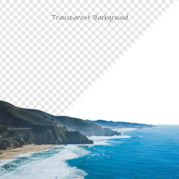 Scenic Coastal Landscape with Mountains Ocean and Transparent Background